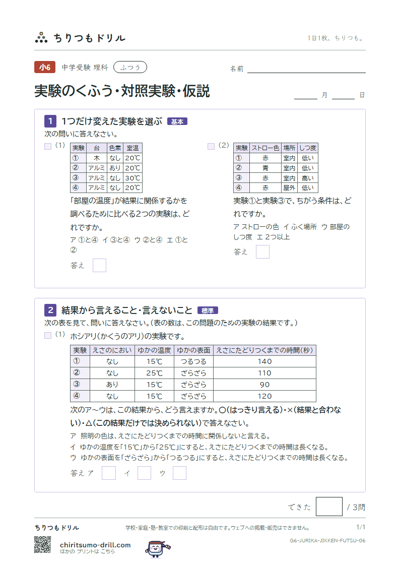 実験のくふう・対照実験・仮説 ふつう その6の見本