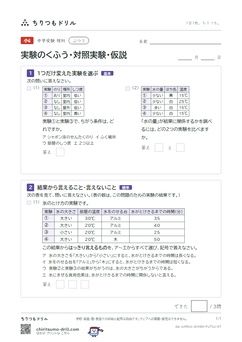 実験のくふう・対照実験・仮説 ふつう その7の見本