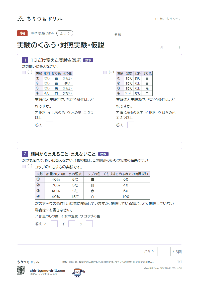 実験のくふう・対照実験・仮説 ふつう その8の見本