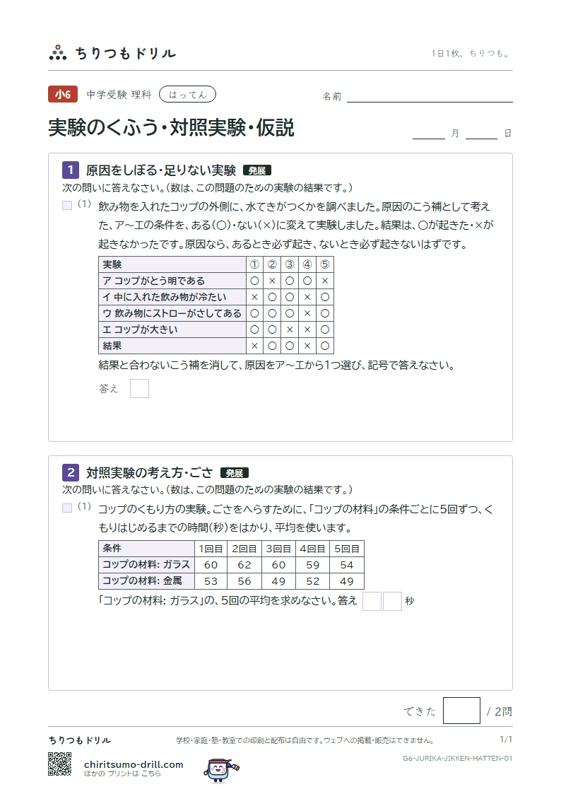 実験のくふう・対照実験・仮説 はってん その1の見本