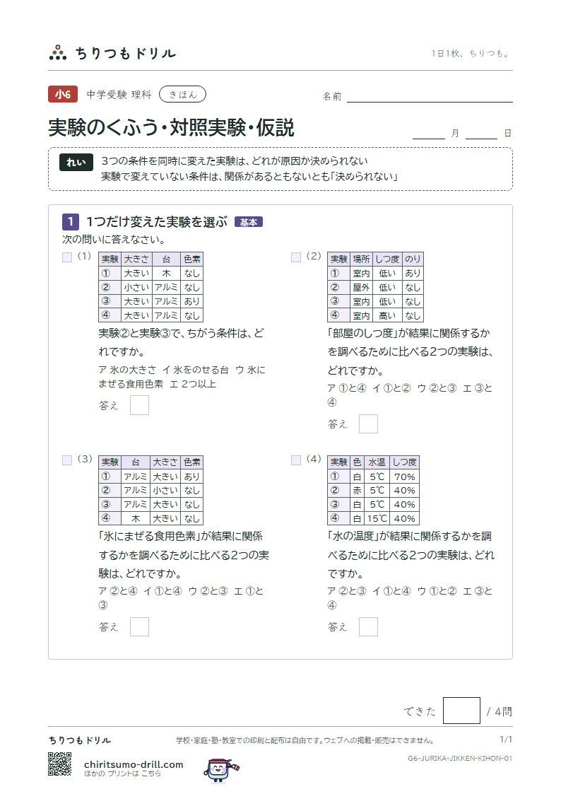 実験のくふう・対照実験・仮説 きほん その1の見本