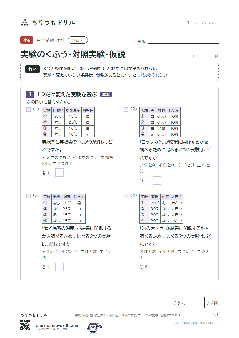実験のくふう・対照実験・仮説 きほん その2の見本