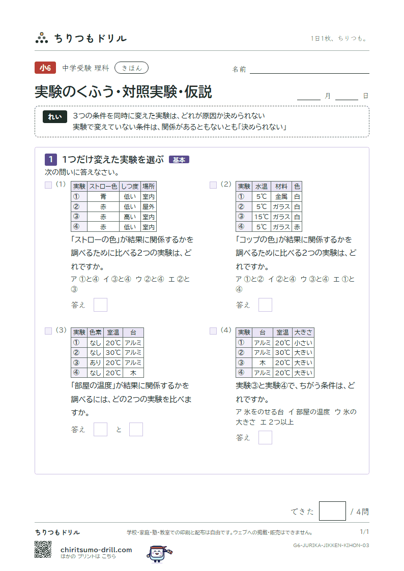 実験のくふう・対照実験・仮説 きほん その3の見本