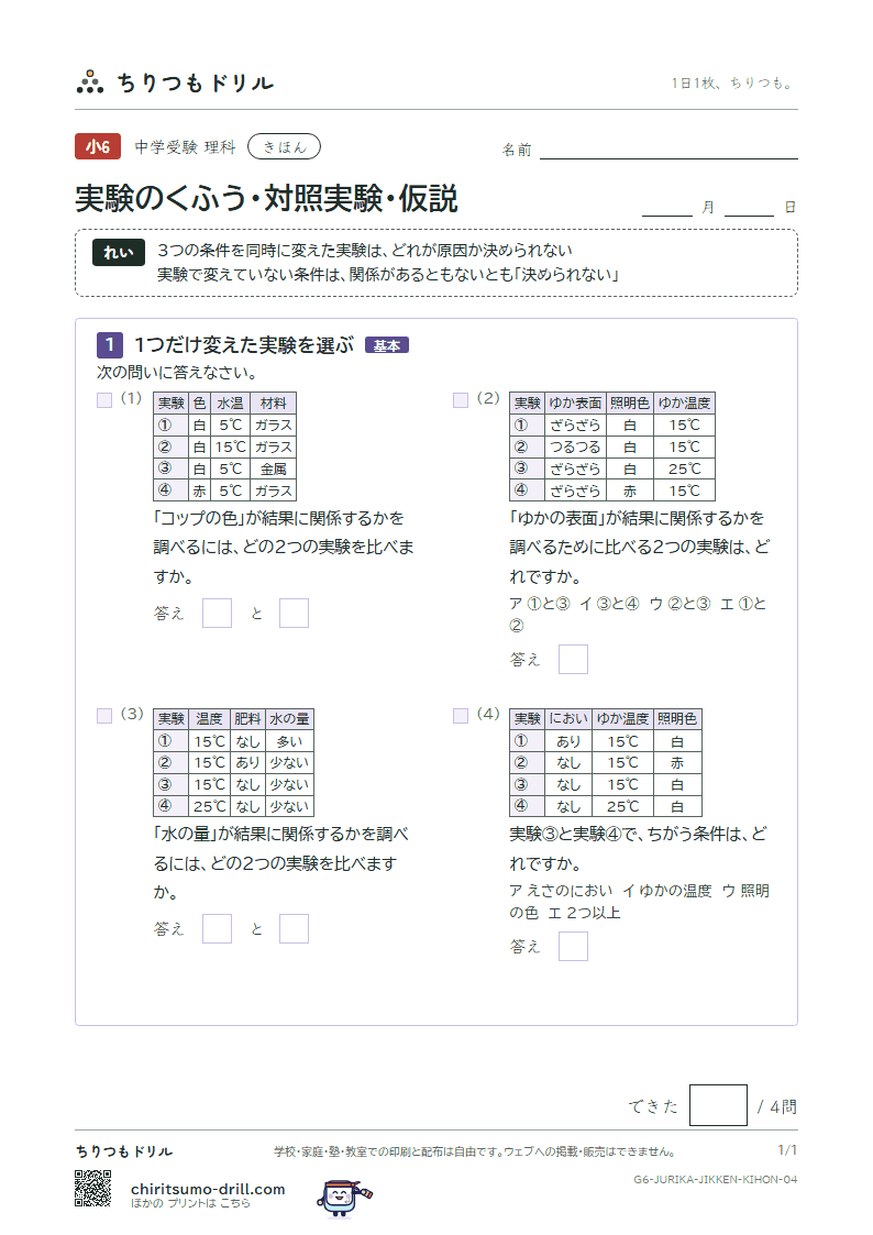 実験のくふう・対照実験・仮説 きほん その4の見本