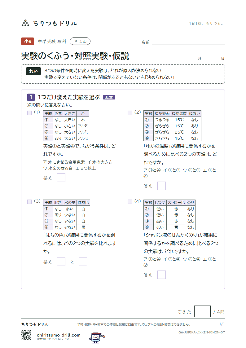 実験のくふう・対照実験・仮説 きほん その7の見本