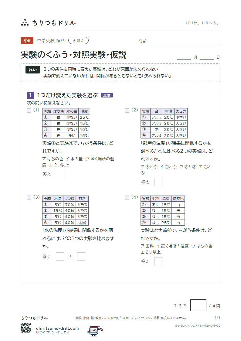 実験のくふう・対照実験・仮説 きほん その8の見本