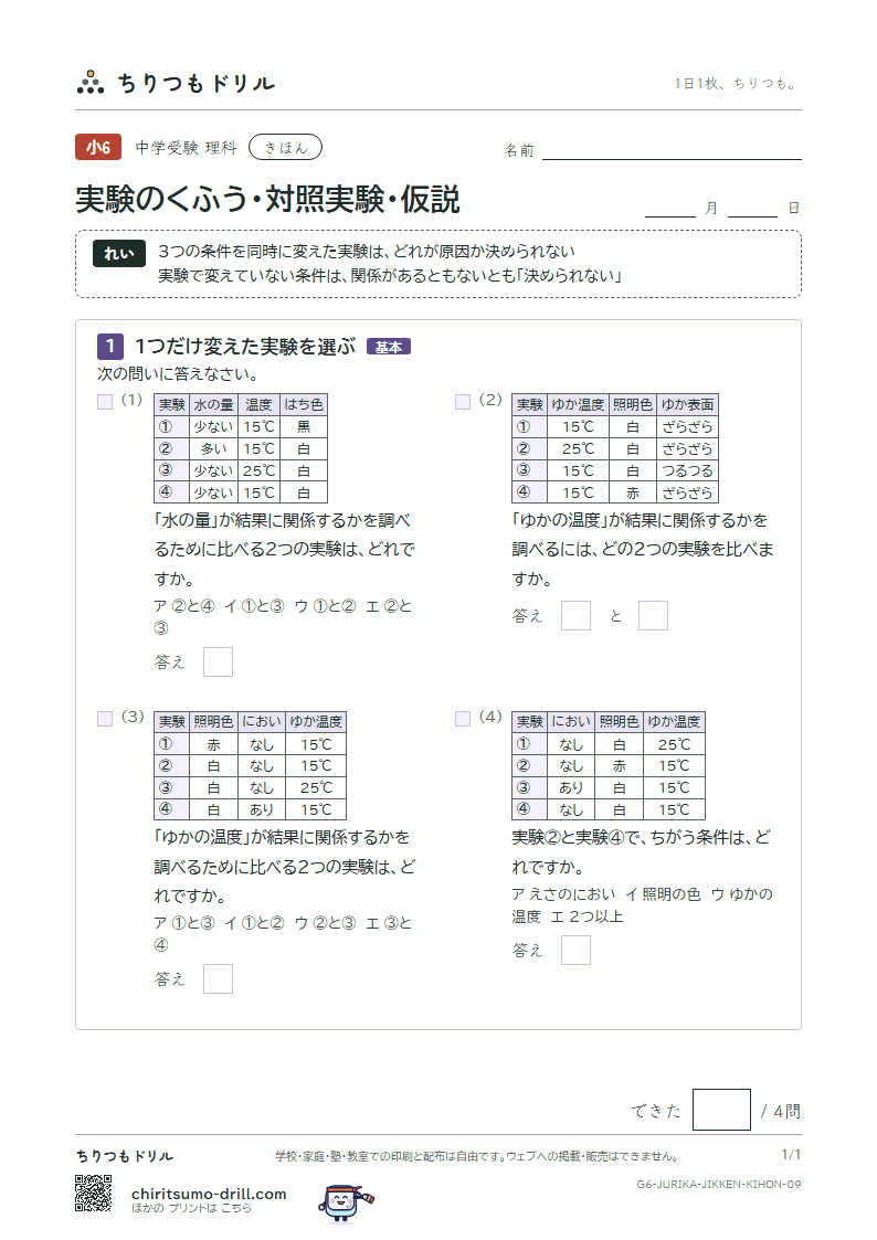 実験のくふう・対照実験・仮説 きほん その9の見本
