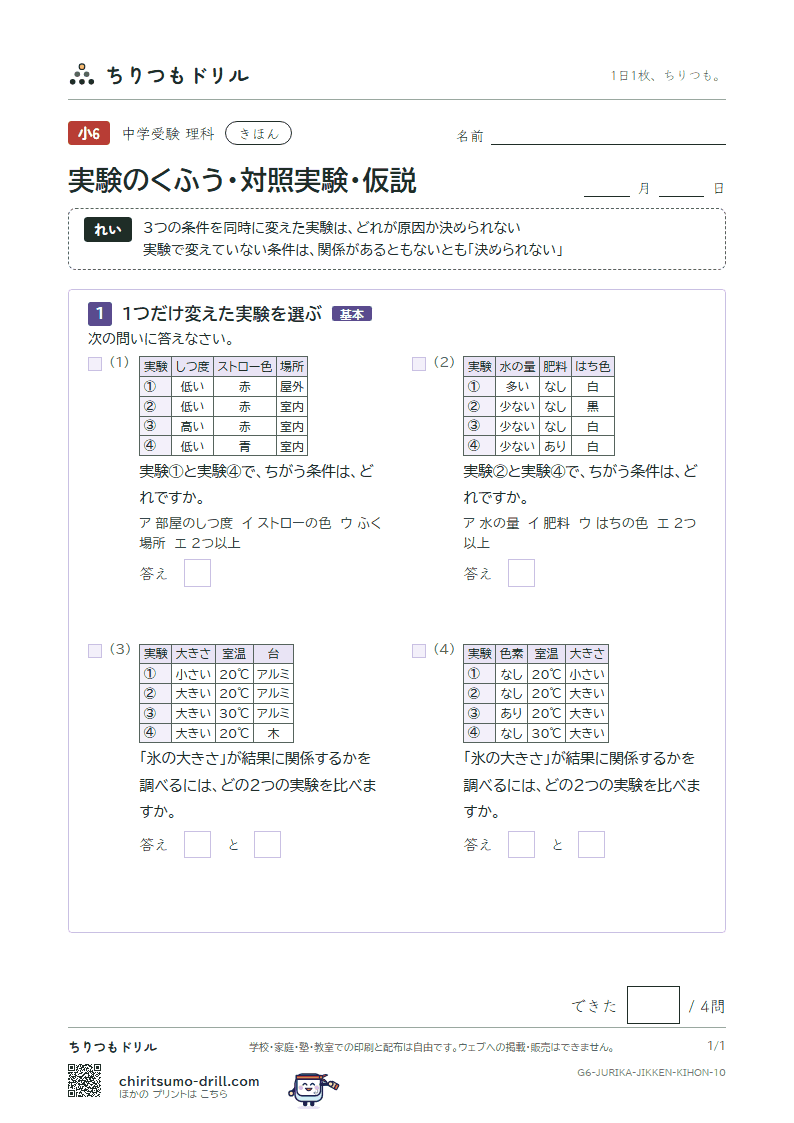 実験のくふう・対照実験・仮説 きほん その10の見本