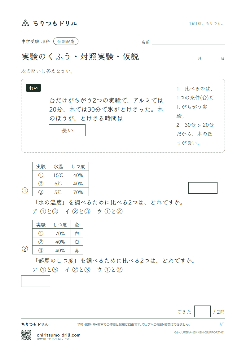 実験のくふう・対照実験・仮説 大きな枠つき その1の見本