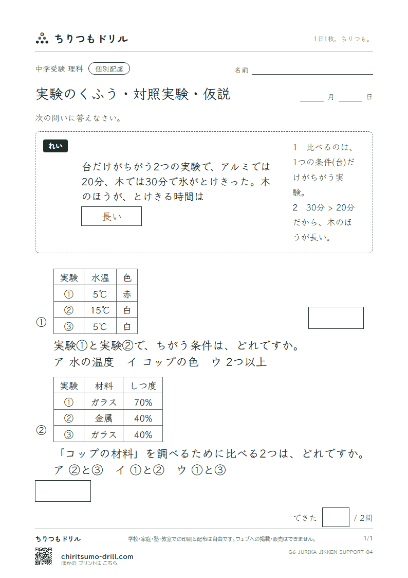 実験のくふう・対照実験・仮説 大きな枠つき その4の見本