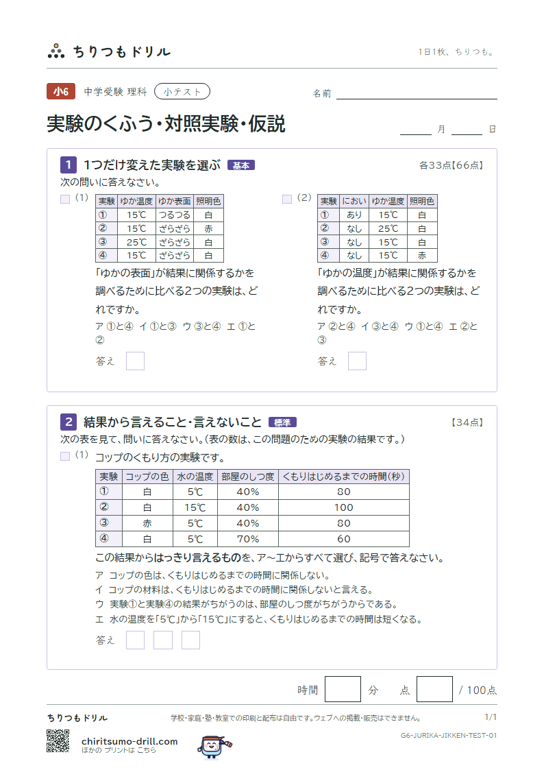 実験のくふう・対照実験・仮説 小テスト その1の見本