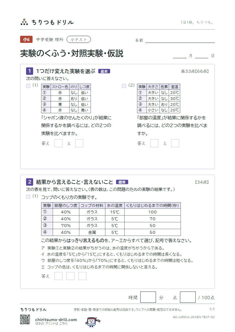 実験のくふう・対照実験・仮説 小テスト その2の見本