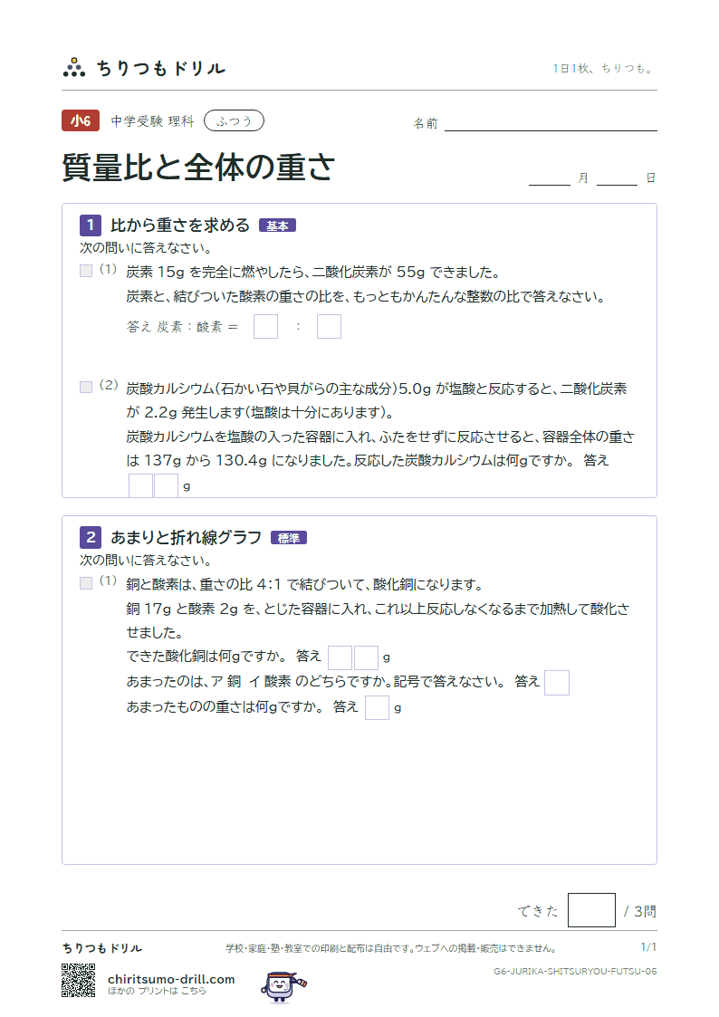 質量比と全体の重さ ふつう その5の見本