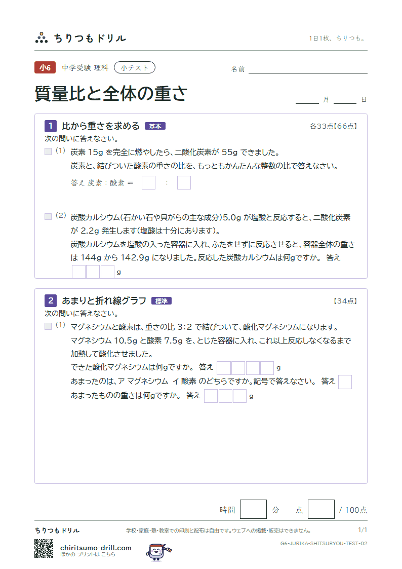 質量比と全体の重さ 小テスト その2の見本