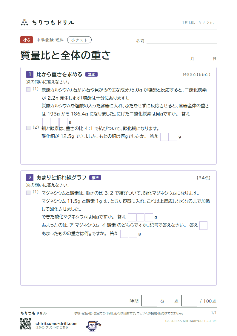 質量比と全体の重さ 小テスト その4の見本