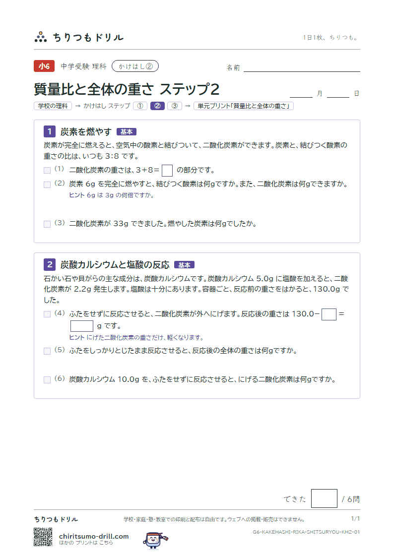 かけはし 質量比と全体の重さ(ステップ2)の見本