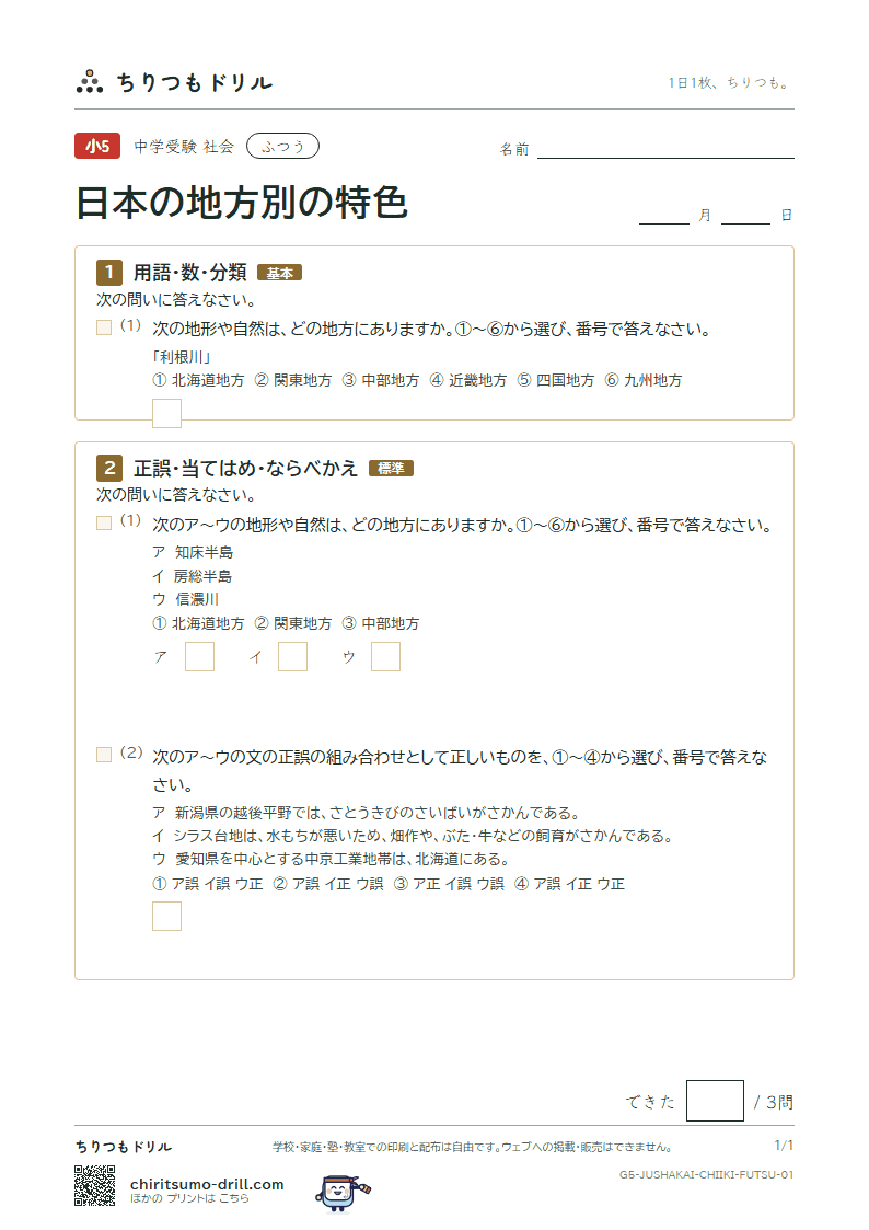 日本の地方別の特色 ふつう その1の見本