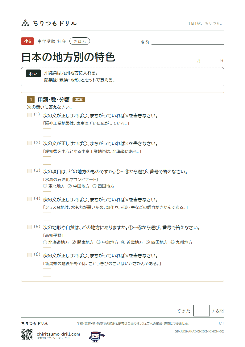 日本の地方別の特色 きほん その2の見本