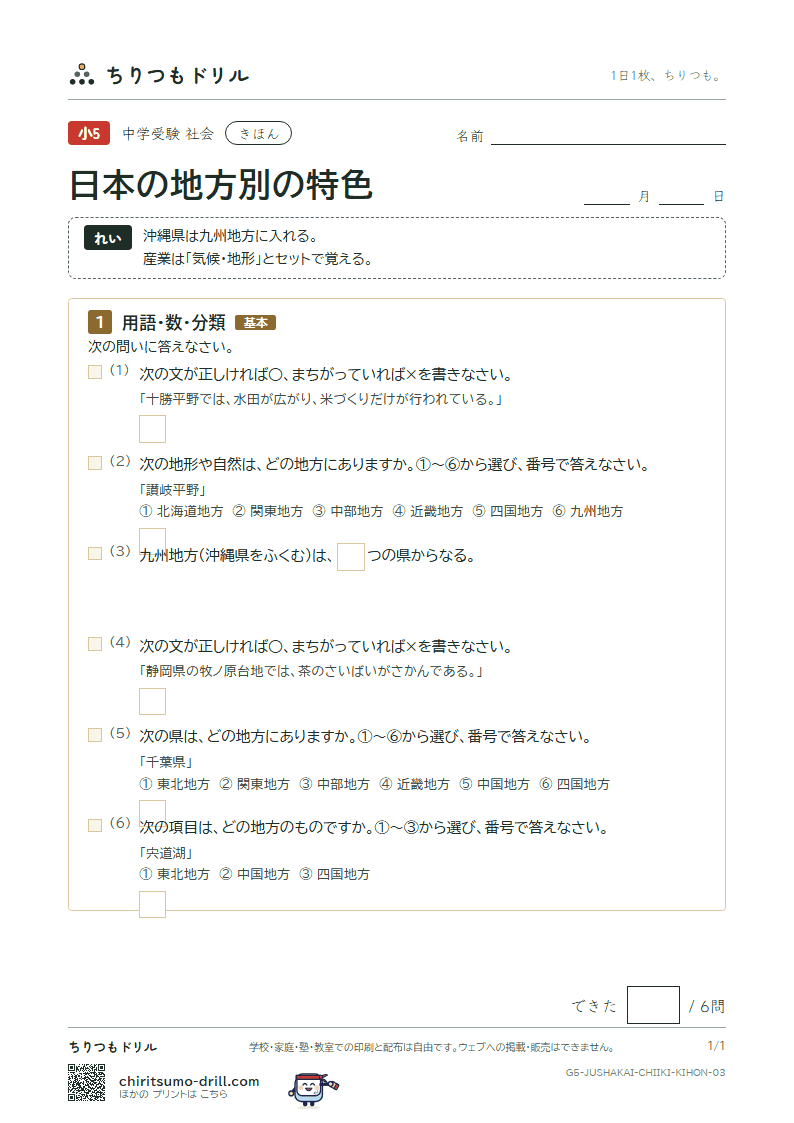 日本の地方別の特色 きほん その3の見本