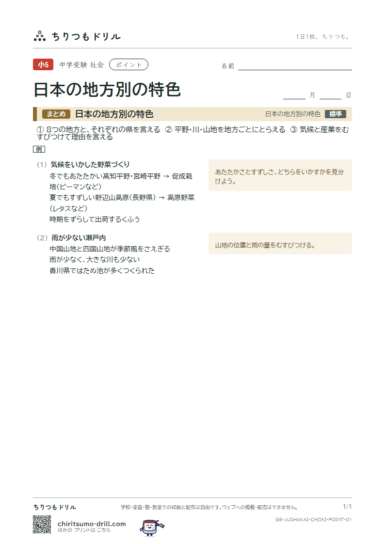 日本の地方別の特色 ポイントの見本