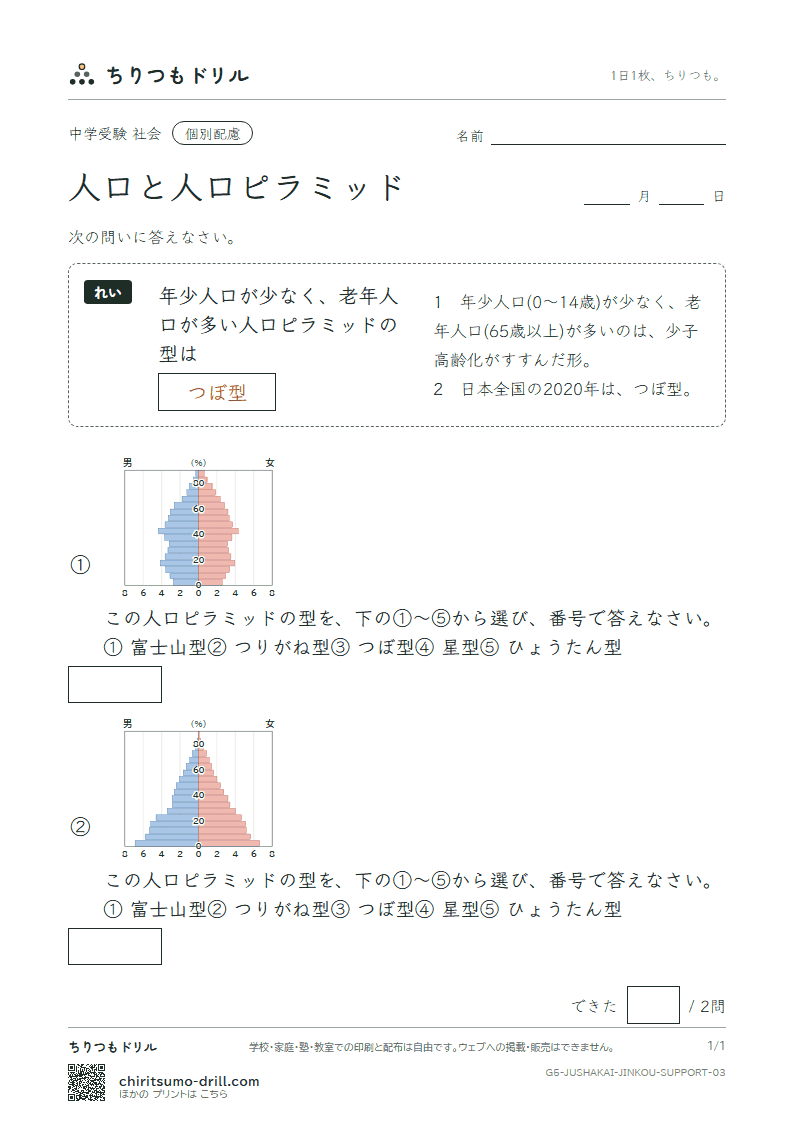 人口と人口ピラミッド 大きな枠つき その3の見本