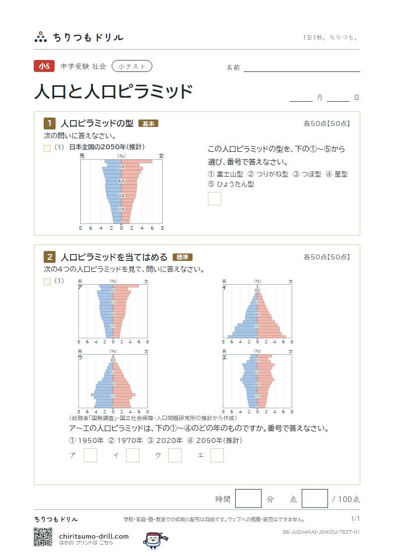 人口と人口ピラミッド 小テスト その1の見本