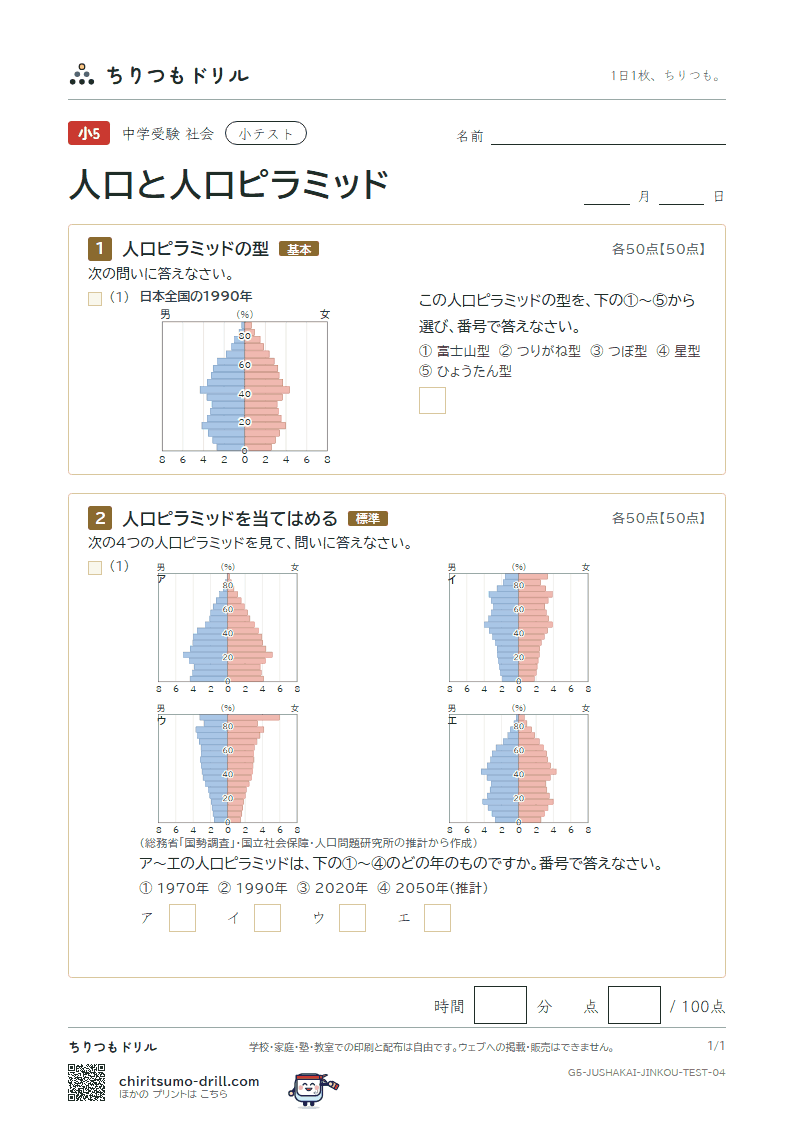 人口と人口ピラミッド 小テスト その4の見本