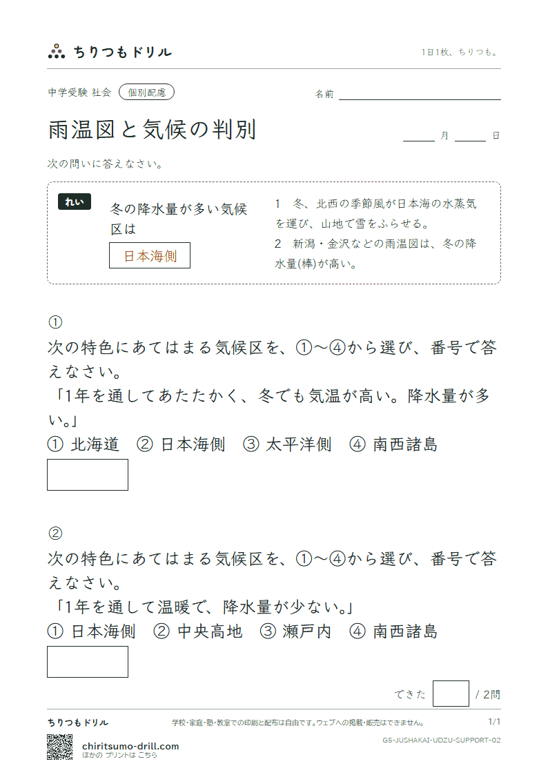 雨温図と気候の判別 大きな枠つき その2の見本