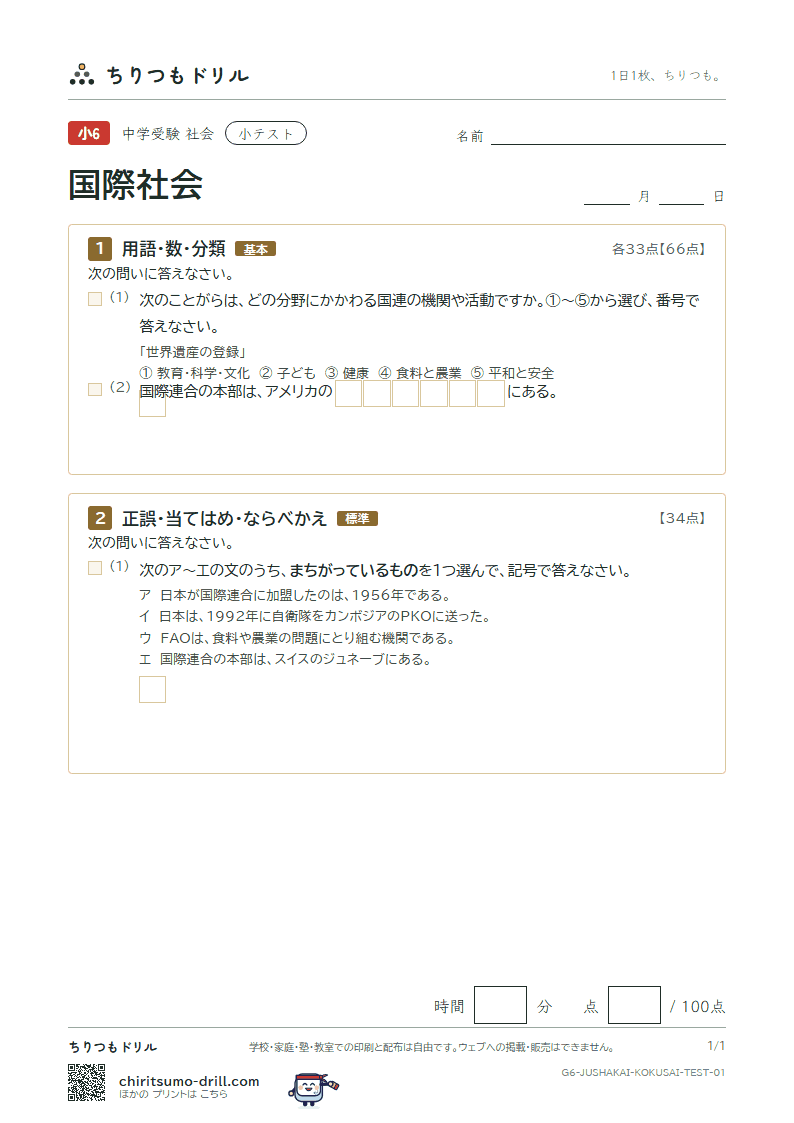 国際社会 小テスト その1の見本