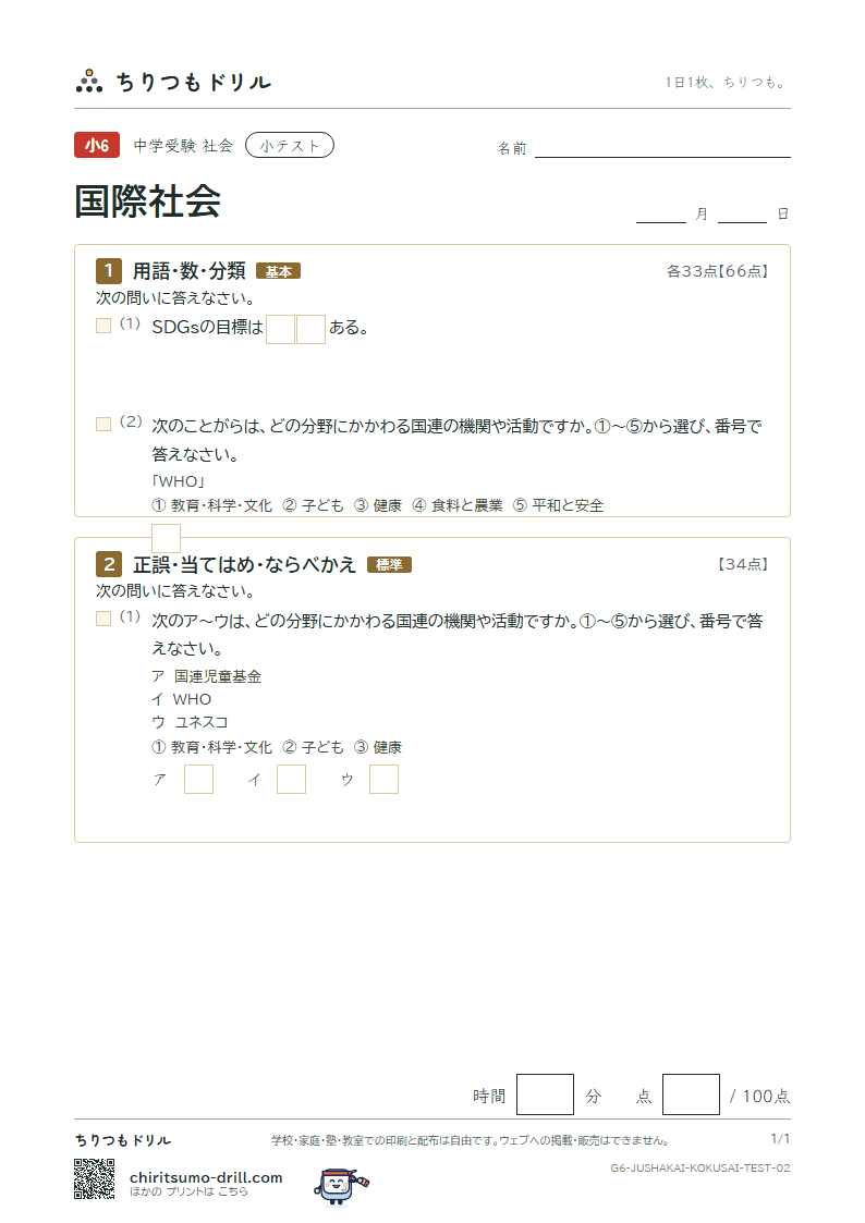 国際社会 小テスト その2の見本