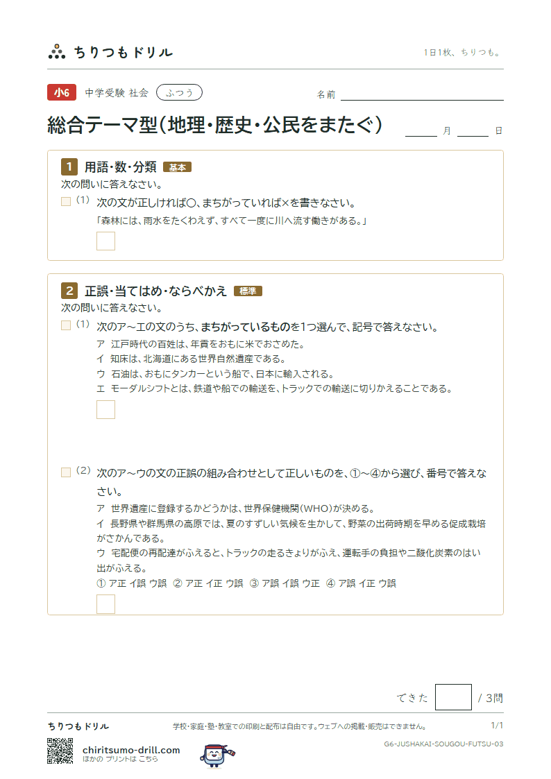 総合テーマ型(地理・歴史・公民をまたぐ) ふつう その3の見本