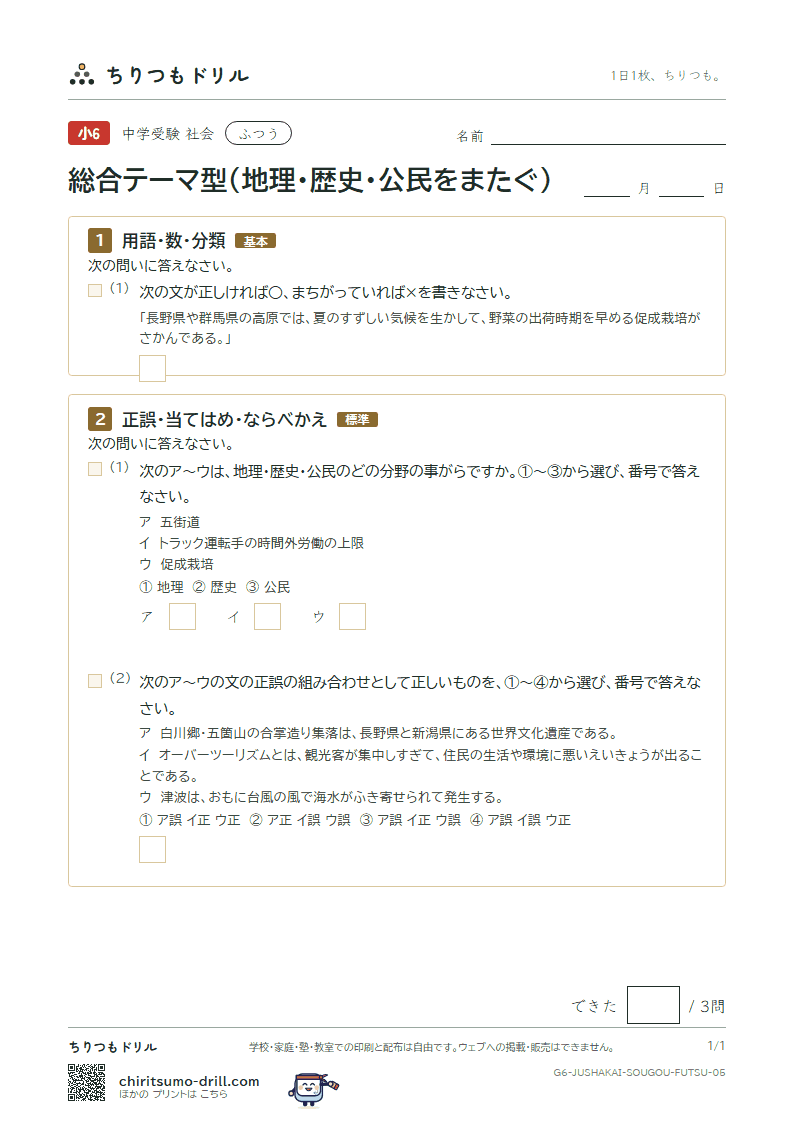 総合テーマ型(地理・歴史・公民をまたぐ) ふつう その5の見本