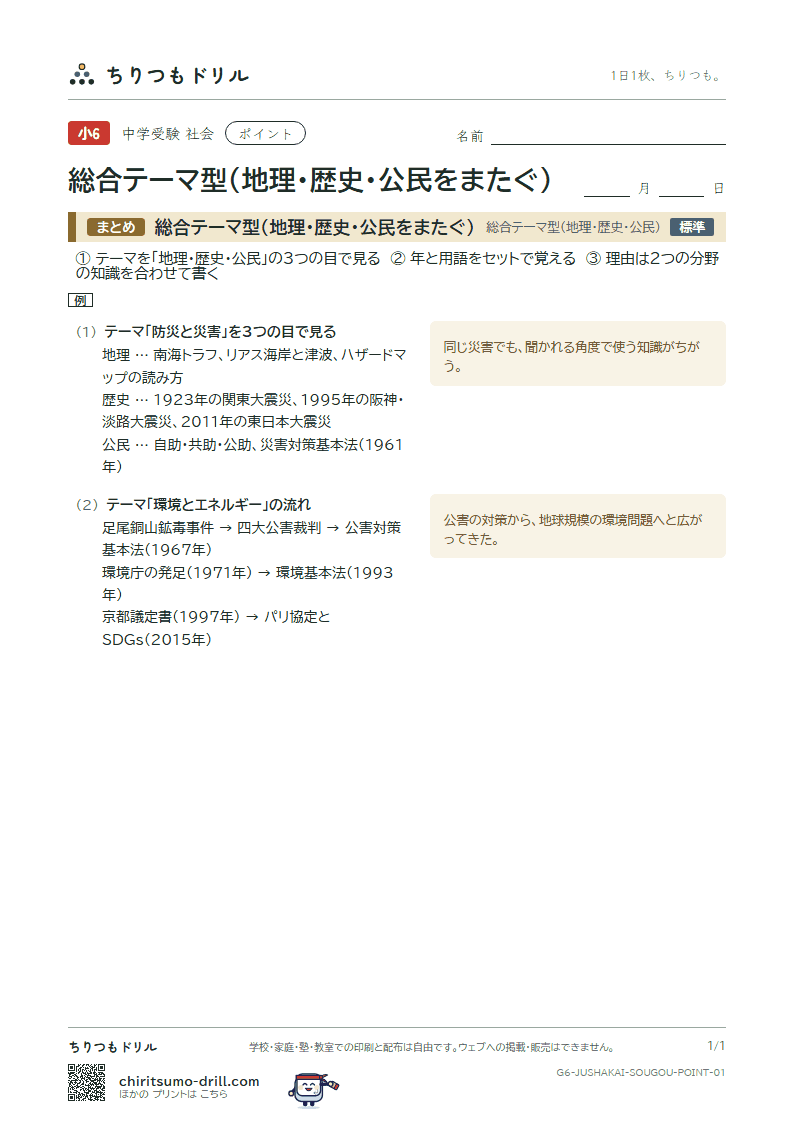 総合テーマ型(地理・歴史・公民をまたぐ) ポイントの見本