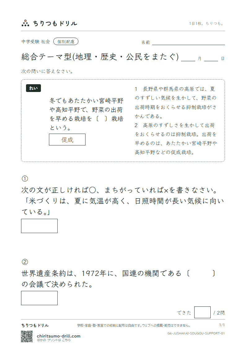 総合テーマ型(地理・歴史・公民をまたぐ) 大きな枠つき その1の見本