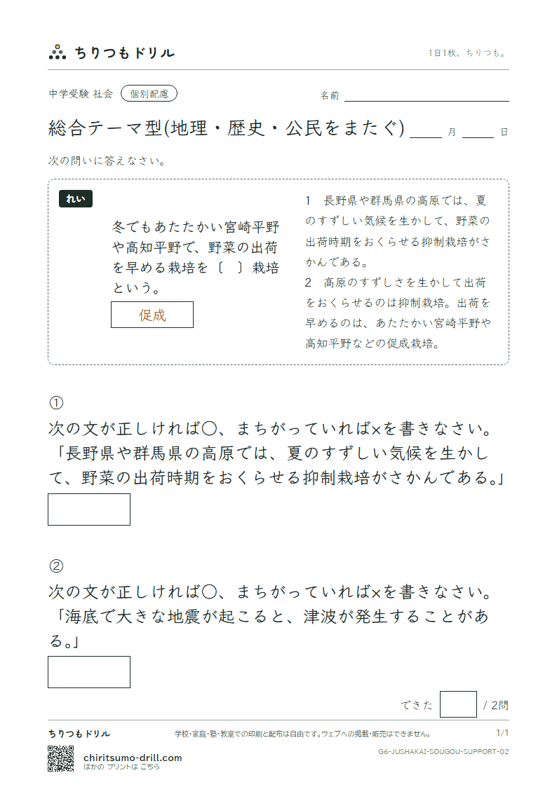 総合テーマ型(地理・歴史・公民をまたぐ) 大きな枠つき その2の見本