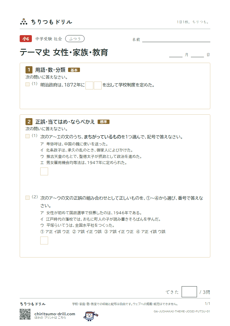 テーマ史 女性・家族・教育 ふつう その1の見本