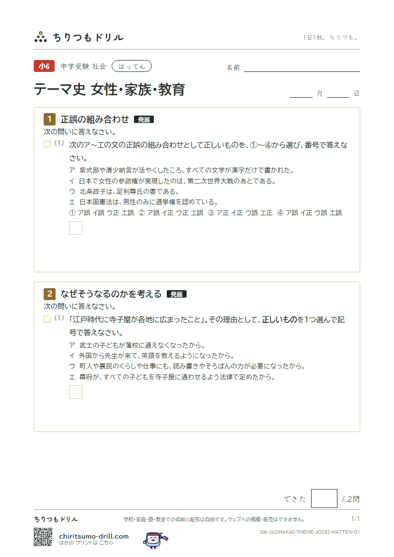 テーマ史 女性・家族・教育 はってん その1の見本