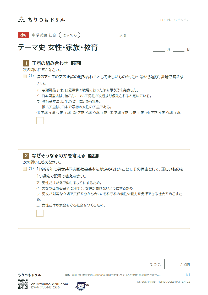 テーマ史 女性・家族・教育 はってん その2の見本
