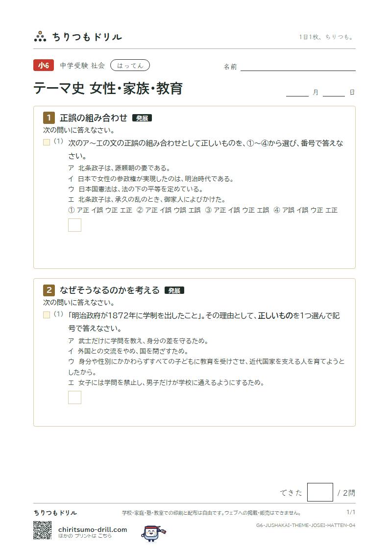 テーマ史 女性・家族・教育 はってん その4の見本