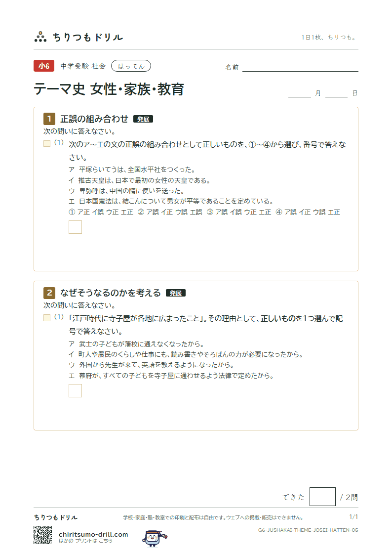 テーマ史 女性・家族・教育 はってん その5の見本