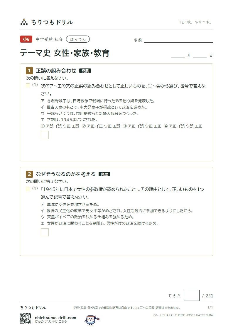 テーマ史 女性・家族・教育 はってん その6の見本