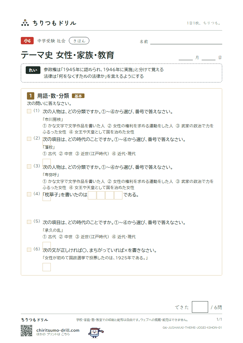 テーマ史 女性・家族・教育 きほん その1の見本