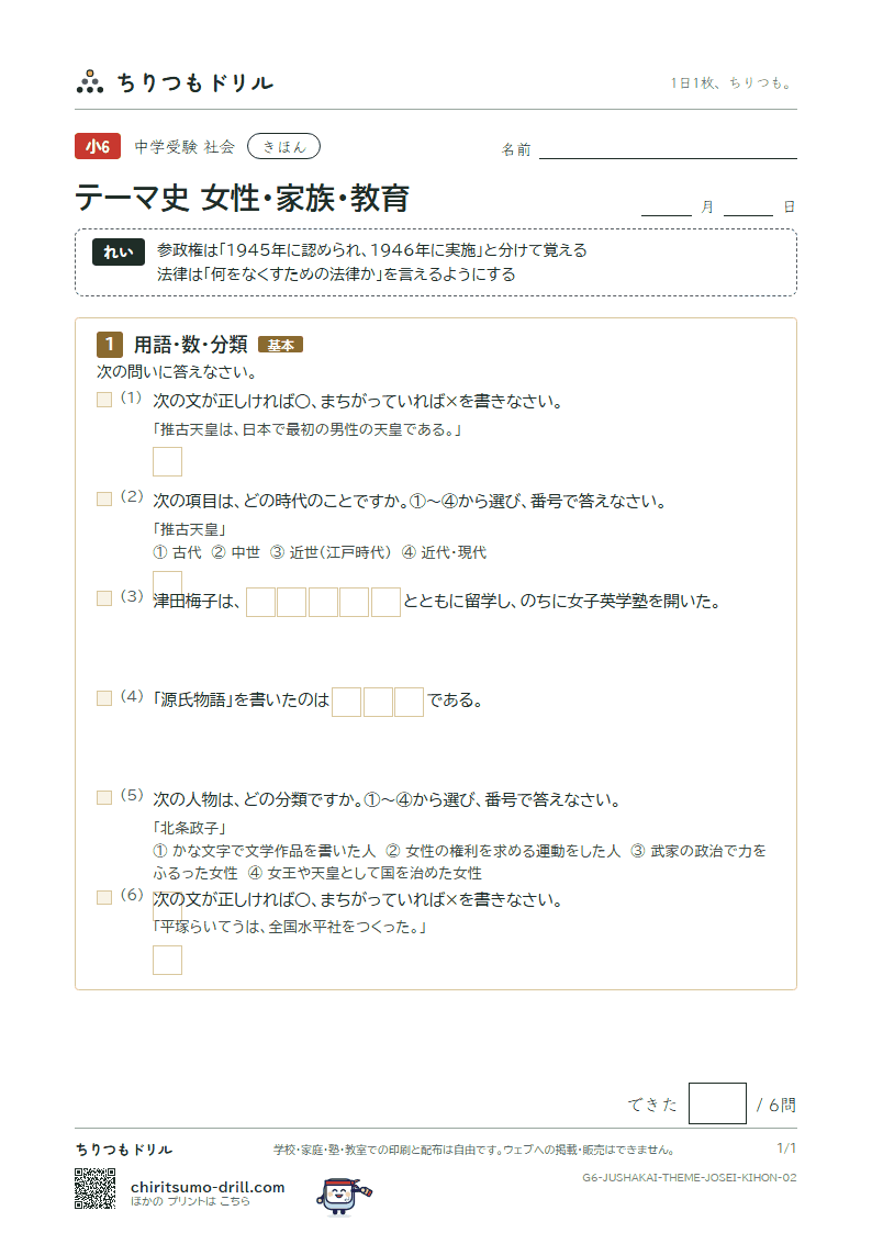 テーマ史 女性・家族・教育 きほん その2の見本