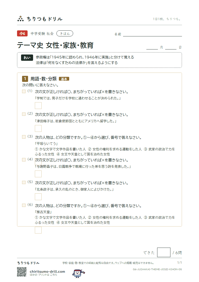 テーマ史 女性・家族・教育 きほん その5の見本