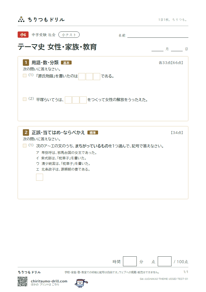 テーマ史 女性・家族・教育 小テスト その1の見本