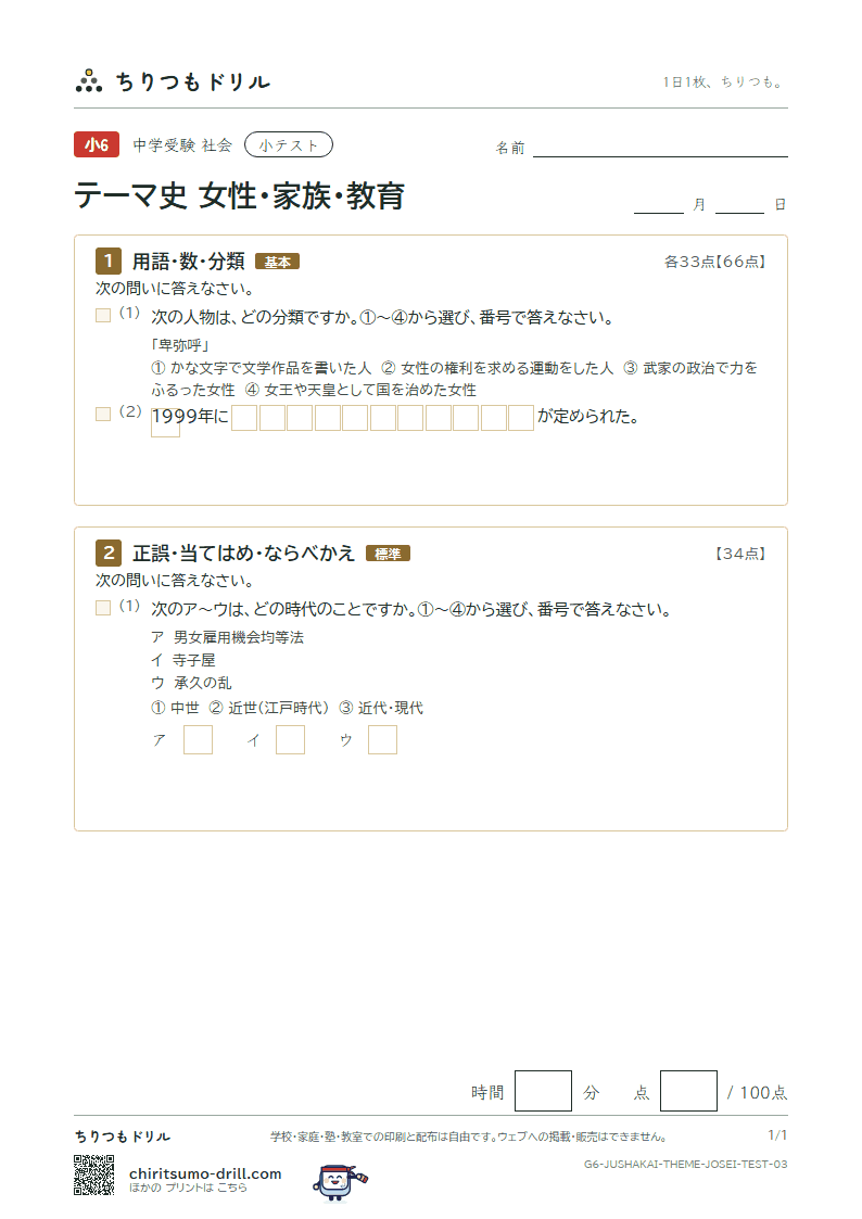 テーマ史 女性・家族・教育 小テスト その3の見本