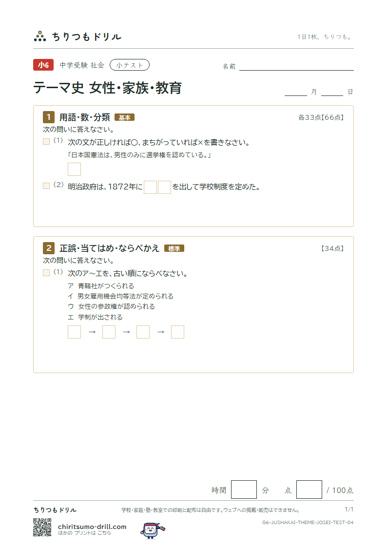 テーマ史 女性・家族・教育 小テスト その4の見本