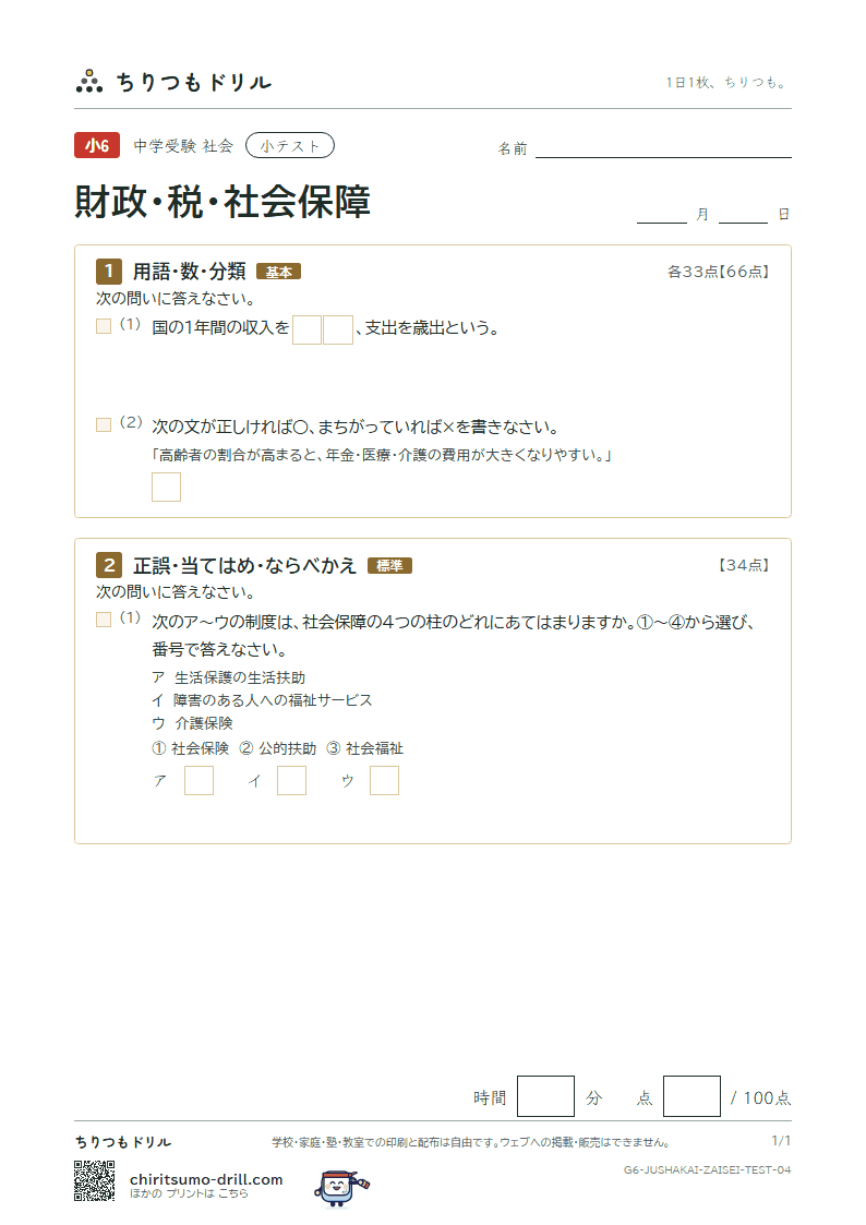 財政・税・社会保障 小テスト その4の見本