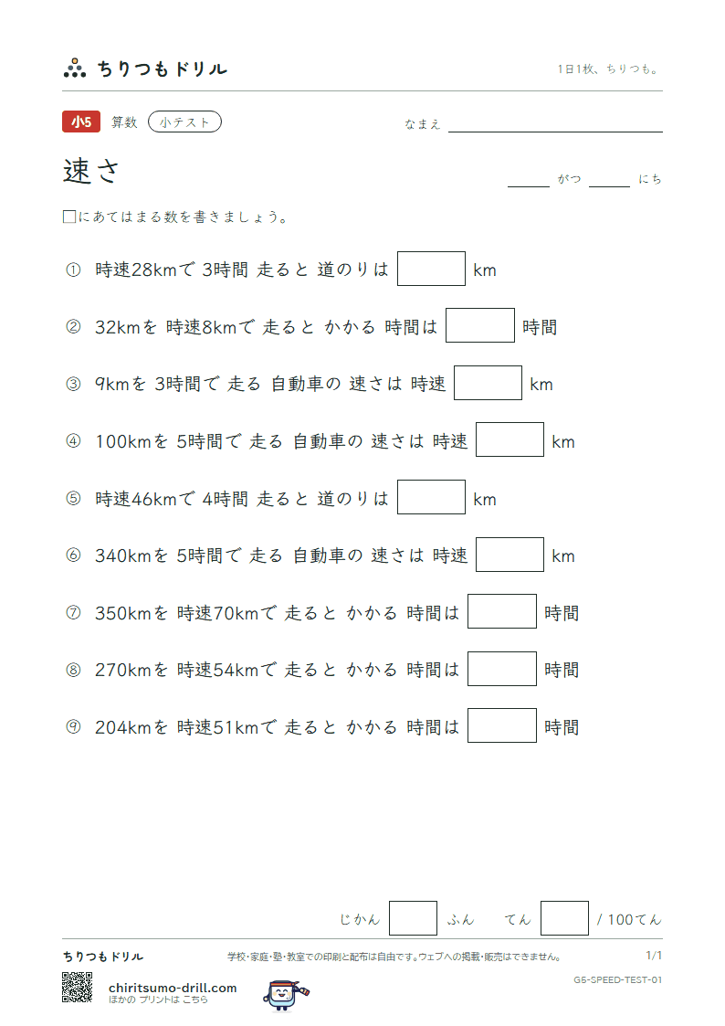 速さ 小テスト その1の見本