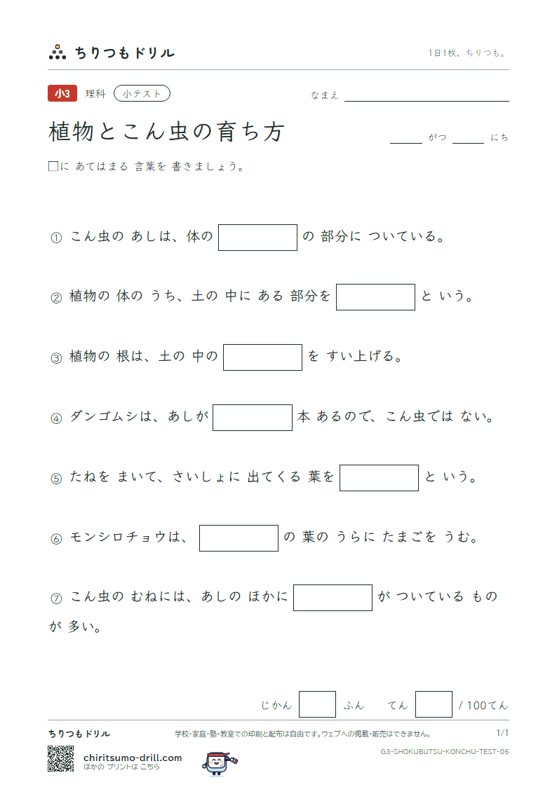 植物とこん虫の育ち方 小テスト その5の見本